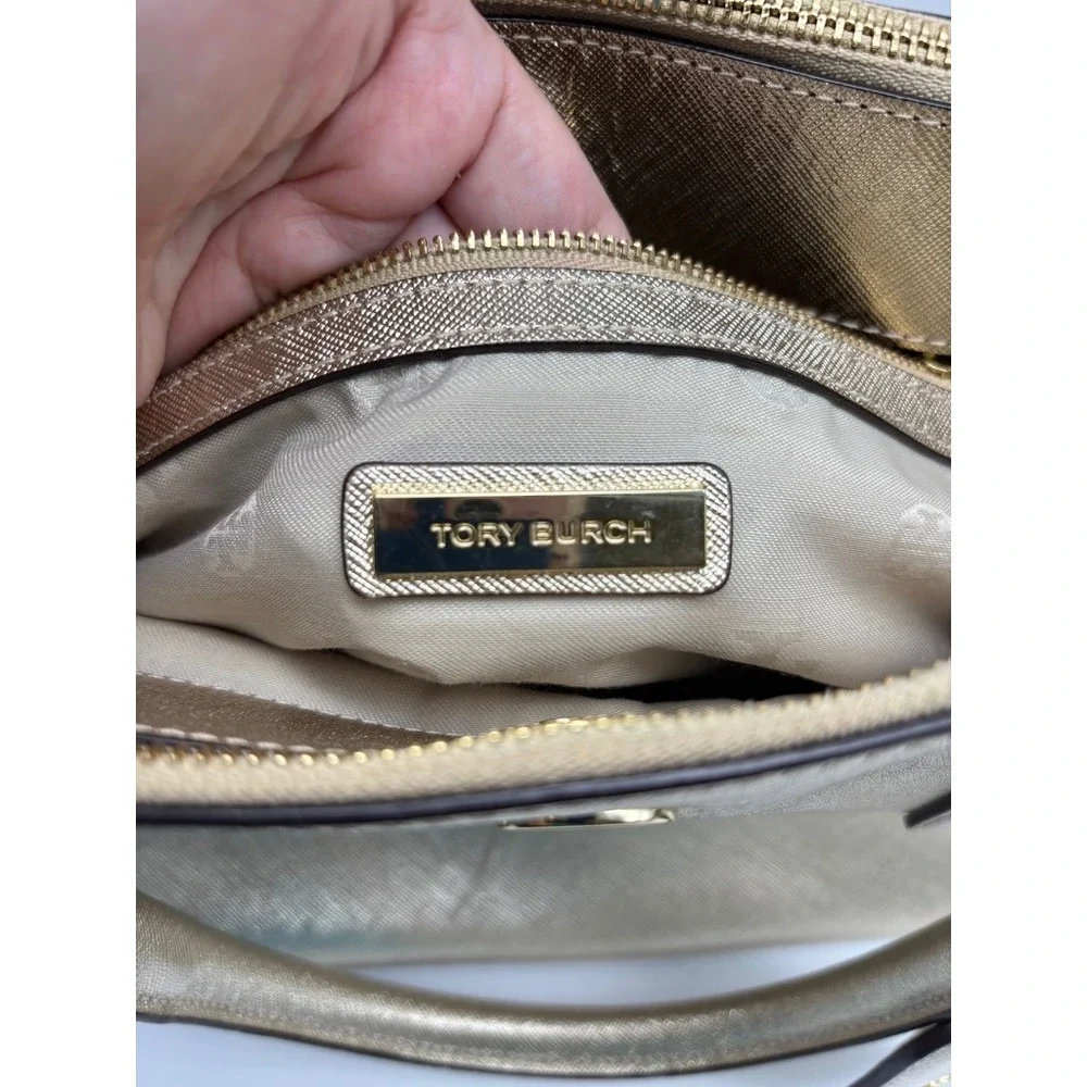 Tory Burch Robinson Satchel Medium Gold Metallic Saffiano Leather Bag